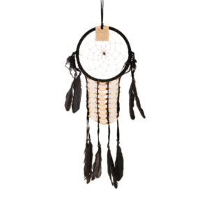 Dromenvanger veren leer 16cm - zwart met houten kralen