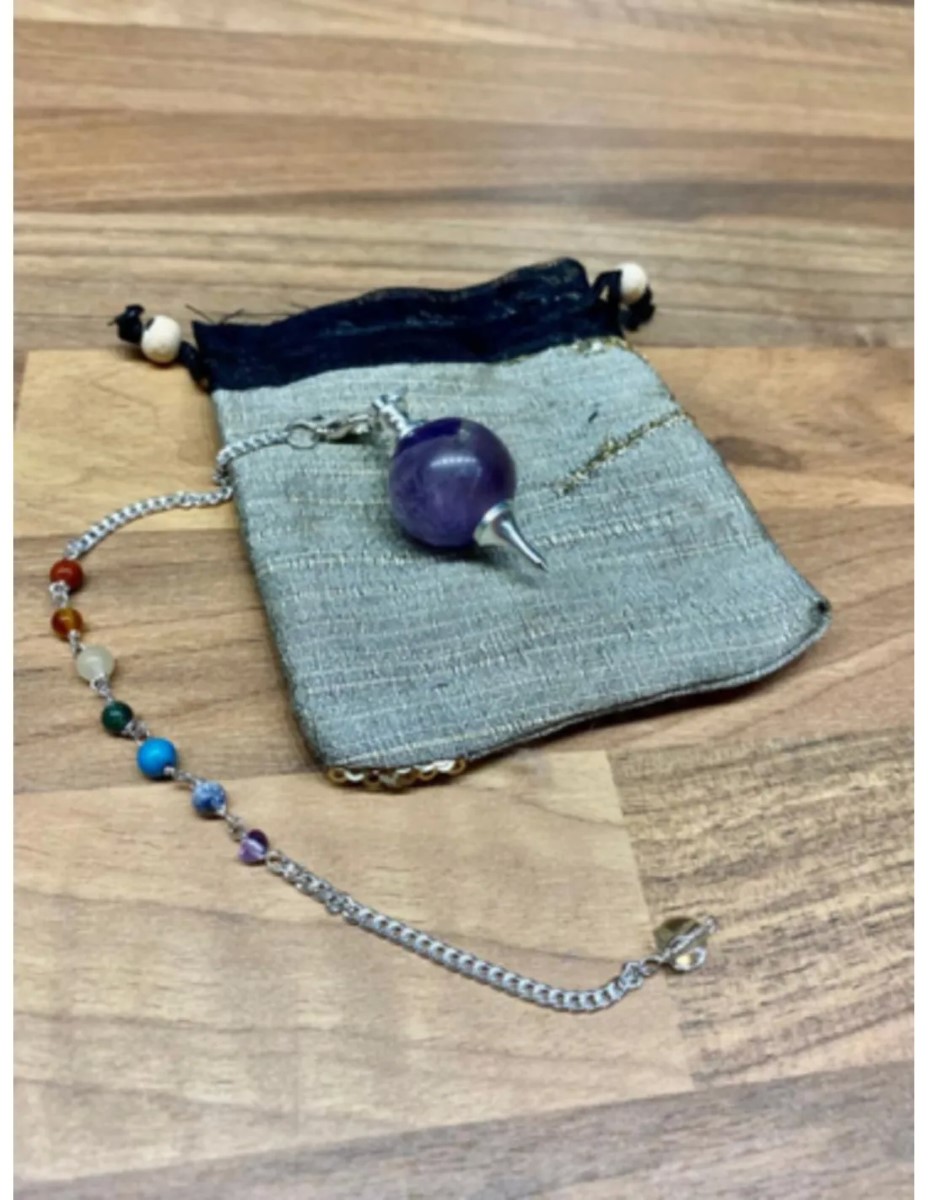 Pendel met ronde Amethist en een ketting met 7 kleine chakra's edelstenen - met gratis buideltje - Pendelen - spiritueel - nr.31 - Afbeelding 2