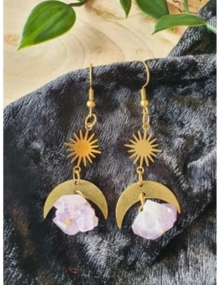 Amethist ruw Star&Moon oorbellen - Afbeelding 2
