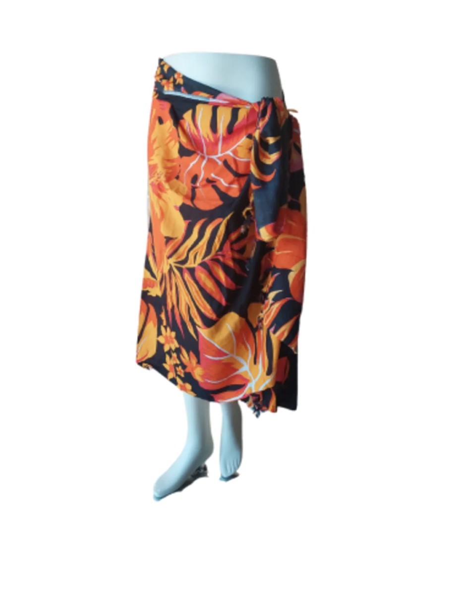 Sarong - 006 - Bloemen en bladeren oranje van Om Namaste - Pareo Saunadoek Wikkeljurk