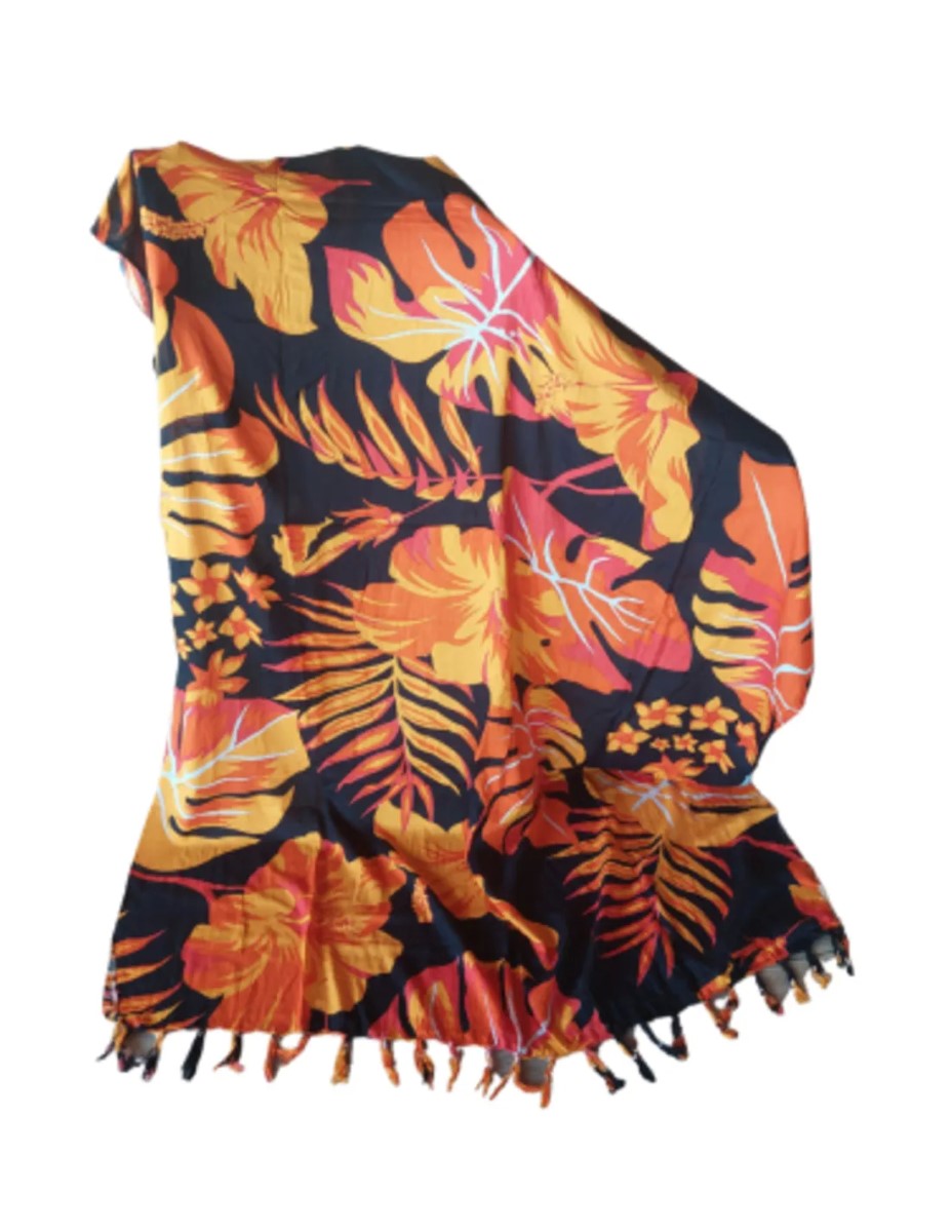 Sarong - 006 - Bloemen en bladeren oranje van Om Namaste - Pareo Saunadoek Wikkeljurk - Afbeelding 2