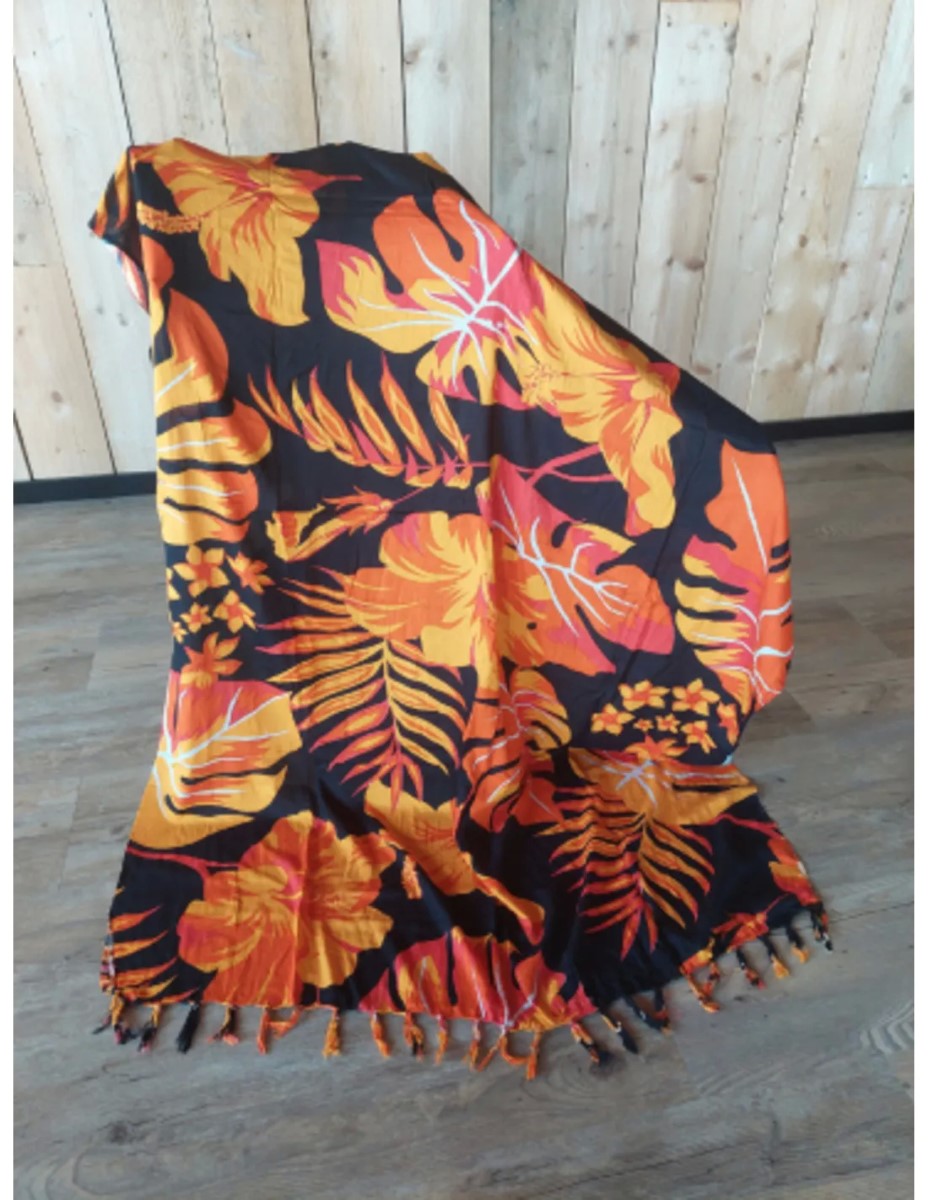 Sarong - 006 - Bloemen en bladeren oranje van Om Namaste - Pareo Saunadoek Wikkeljurk - Afbeelding 3