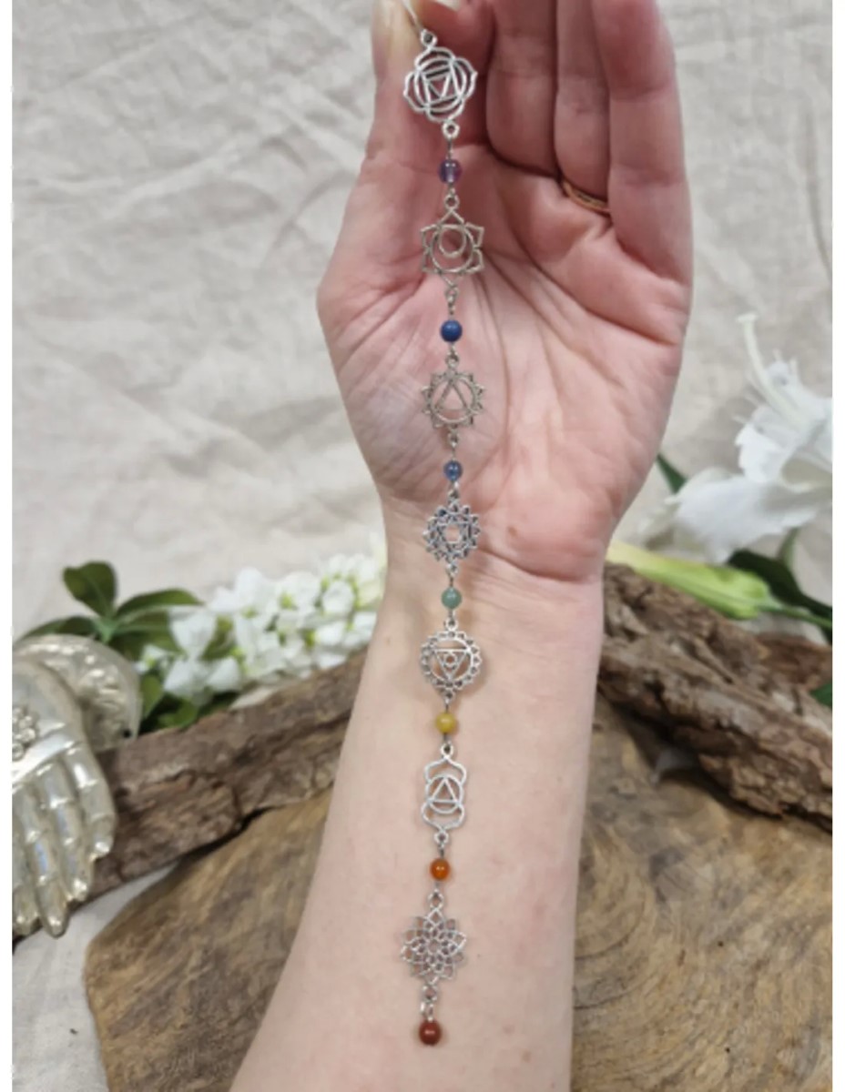 Lange chakra hanger met steentjes zilverkleur - Afbeelding 3