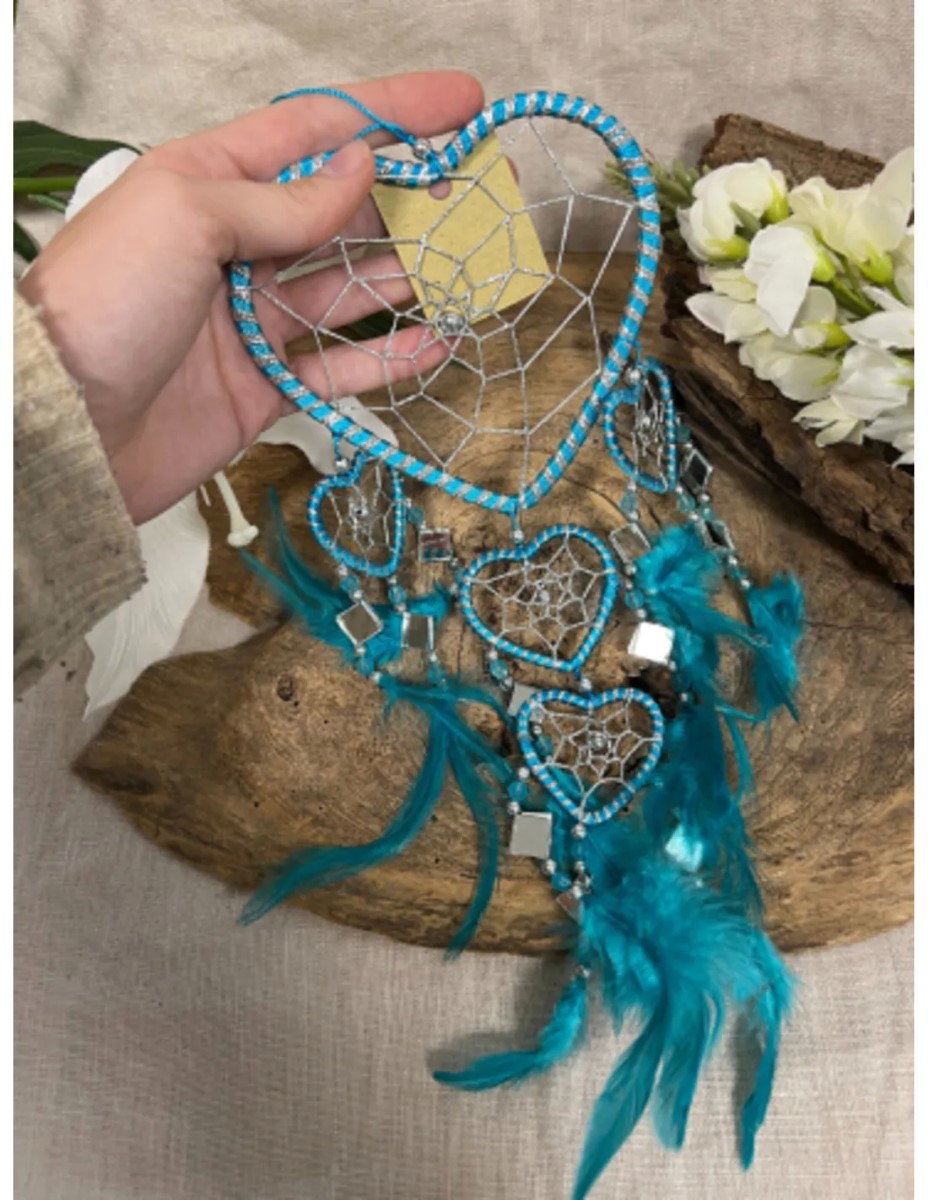 Dromenvanger hartje met spiegels - turquoise - 11 cm - Dreamcatcher - Afbeelding 2