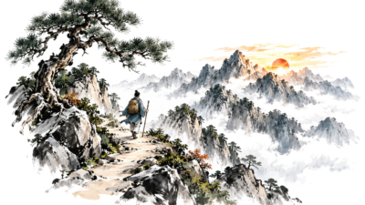 Reiziger op een bergpad bij zonsopkomst in een Chinees inktlandschap op wit