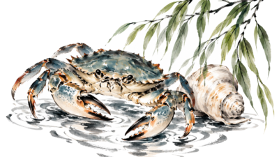 Krab met schelp, wilgenbladeren en enkele waterrimpels in Chinese inktstijl op wit