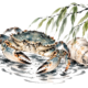 Krab met schelp, wilgenbladeren en enkele waterrimpels in Chinese inktstijl op wit