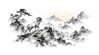 Chinees inktlandschap met een natuurmotief voor Ascendant Ram, op zuiver witte achtergrond