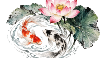 Twee koikarpers met een lotusbloem en bladeren in Chinese inktstijl op wit