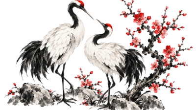 Twee kraanvogels bij een bloeiende pruimentak in Chinese inktstijl op wit
