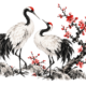 Twee kraanvogels bij een bloeiende pruimentak in Chinese inktstijl op wit