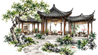 Open paviljoen met een pad, boom en stenen als symbolische illustratie bij astrologische levensgebieden