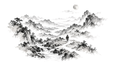 Maan boven een Chinees inktlandschap als illustratie bij Maan in Boogschutter, op een witte achtergrond
