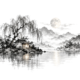 Maan boven een Chinees inktlandschap als illustratie bij Maan in Kreeft, op een witte achtergrond