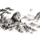 Maan boven een Chinees inktlandschap als illustratie bij Maan in Leeuw, op een witte achtergrond