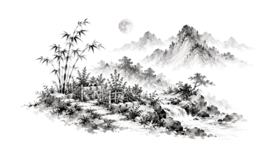 Maan boven een Chinees inktlandschap als illustratie bij Maan in Maagd, op een witte achtergrond