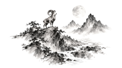 Maan boven een Chinees inktlandschap als illustratie bij Maan in Ram, op een witte achtergrond