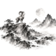 Maan boven een Chinees inktlandschap als illustratie bij Maan in Ram, op een witte achtergrond