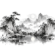 Maan boven een Chinees inktlandschap als illustratie bij Maan in Schorpioen, op een witte achtergrond