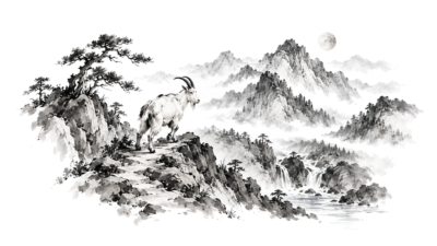Maan boven een Chinees inktlandschap als illustratie bij Maan in Steenbok, op een witte achtergrond