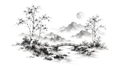 Maan boven een Chinees inktlandschap als illustratie bij Maan in Tweelingen, op een witte achtergrond