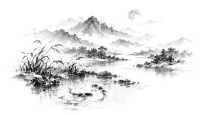 Maan boven een Chinees inktlandschap als illustratie bij Maan in Vissen, op een witte achtergrond