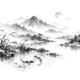 Maan boven een Chinees inktlandschap als illustratie bij Maan in Vissen, op een witte achtergrond