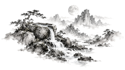 Maan boven een Chinees inktlandschap als illustratie bij Maan in Waterman, op een witte achtergrond