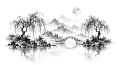 Maan boven een Chinees inktlandschap als illustratie bij Maan in Weegschaal, op een witte achtergrond