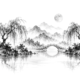 Maan boven een Chinees inktlandschap als illustratie bij Maan in Weegschaal, op een witte achtergrond