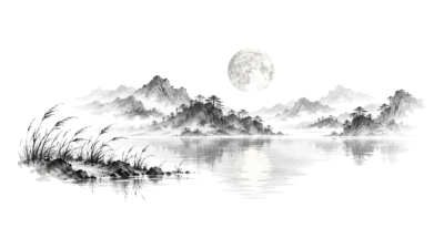 Maan boven een rustig bergmeer met riet en een kleine oever in Chinese inktstijl