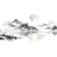 Maan boven een rustig bergmeer met riet en een kleine oever in Chinese inktstijl