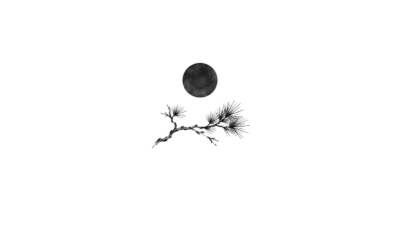 Nieuwe maan met een eenvoudig natuurmotief in Chinese inktstijl op een volledig witte achtergrond