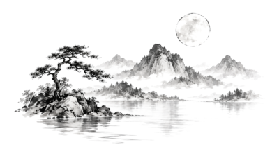 Volle maan boven een berglandschap met water en een dennenboom, geschilderd in Chinese inkt op wit