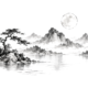 Volle maan boven een berglandschap met water en een dennenboom, geschilderd in Chinese inkt op wit