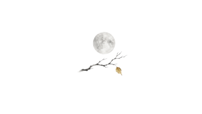Lichte volle maan boven een kleine herfsttak, geschilderd in Chinese inktstijl op wit