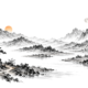 Zon en maan boven een Chinees berglandschap met een rivier en een wandelpad op witte achtergrond