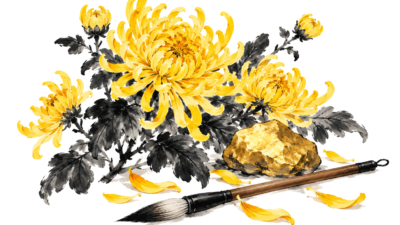 Gele chrysanten met een goudkleurige steen en een penseel op een witte achtergrond